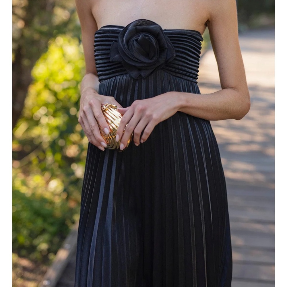 Black Strapless High-Low Cocktail Dress With Flower Rosette
